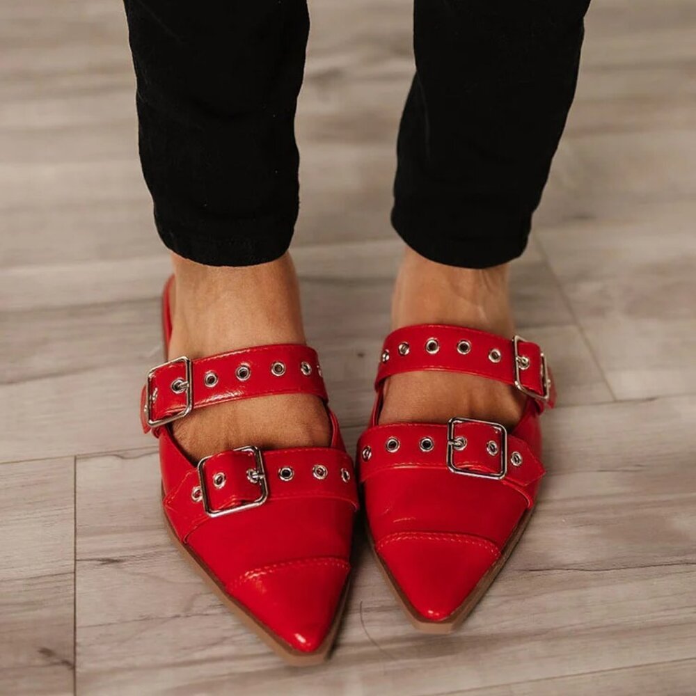New Red Pointed Toe Slide Flat Loafers Mules Shoes Slip-On Silver Buckle Strap - Picture 4 of 4